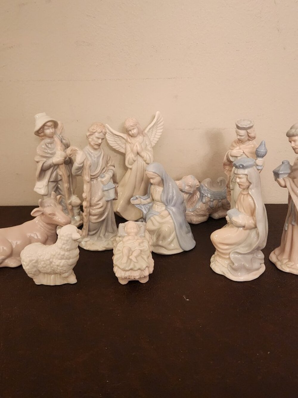 Vintage Porcelain Nativity classic white design pastel blue and pink accents